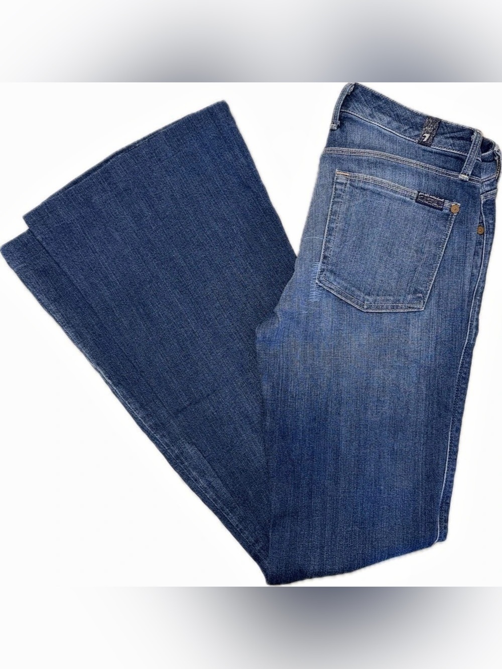 7 For All Mankind Dojo Flare Jeans Size 27 Medium Wash Blue Denim Stretch